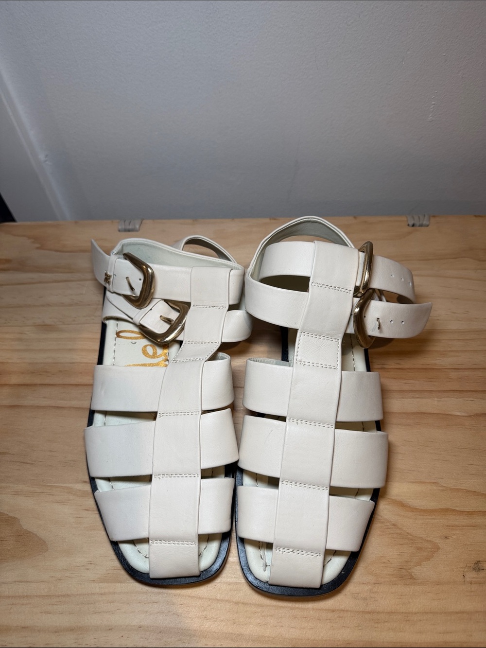 Sam Edelman Cream Leather Fisherman Sandals with Gold Buckles